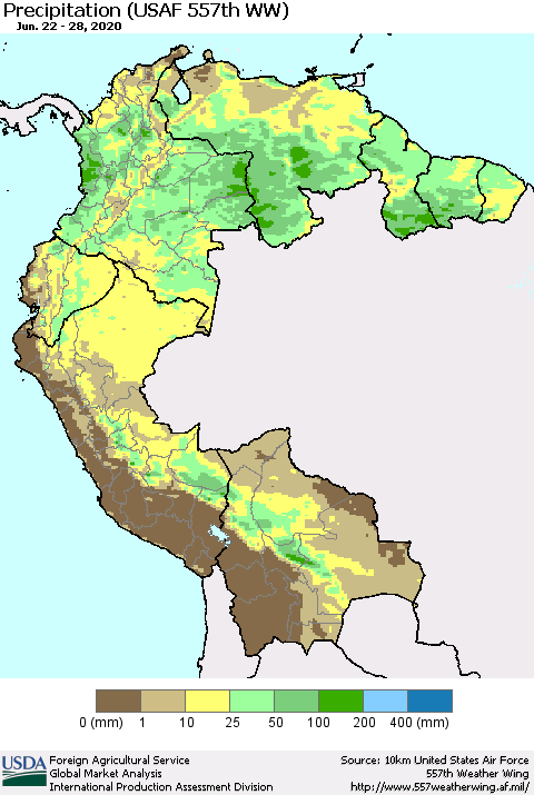 Northern South America Precipitation (USAF 557th WW) Thematic Map For 6/22/2020 - 6/28/2020