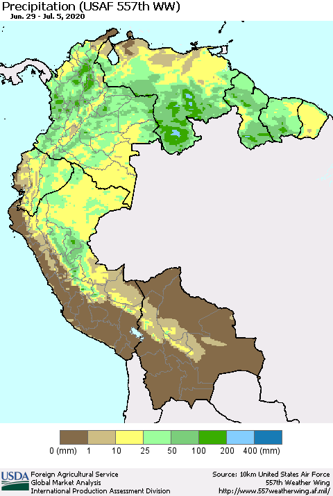 Northern South America Precipitation (USAF 557th WW) Thematic Map For 6/29/2020 - 7/5/2020