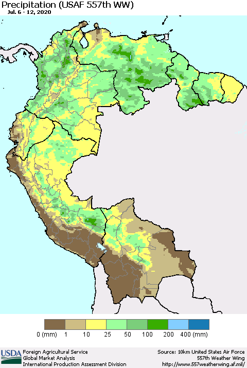 Northern South America Precipitation (USAF 557th WW) Thematic Map For 7/6/2020 - 7/12/2020