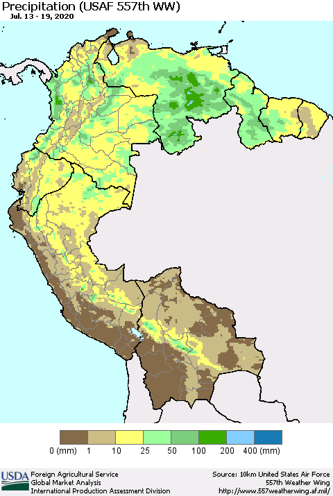 Northern South America Precipitation (USAF 557th WW) Thematic Map For 7/13/2020 - 7/19/2020