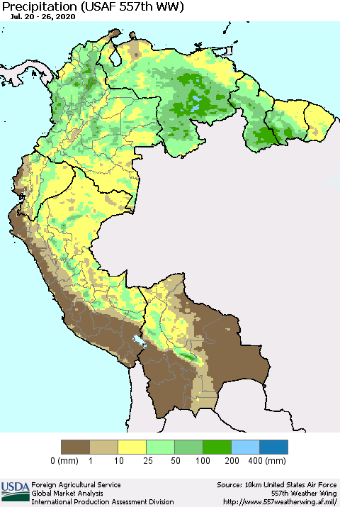 Northern South America Precipitation (USAF 557th WW) Thematic Map For 7/20/2020 - 7/26/2020
