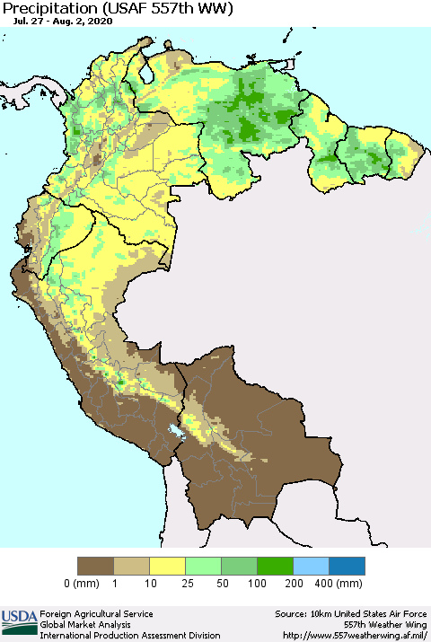 Northern South America Precipitation (USAF 557th WW) Thematic Map For 7/27/2020 - 8/2/2020