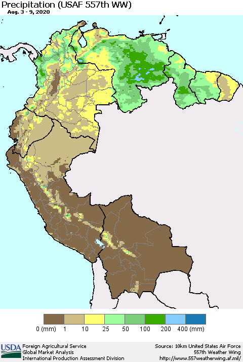 Northern South America Precipitation (USAF 557th WW) Thematic Map For 8/3/2020 - 8/9/2020