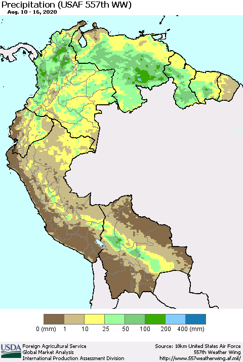Northern South America Precipitation (USAF 557th WW) Thematic Map For 8/10/2020 - 8/16/2020