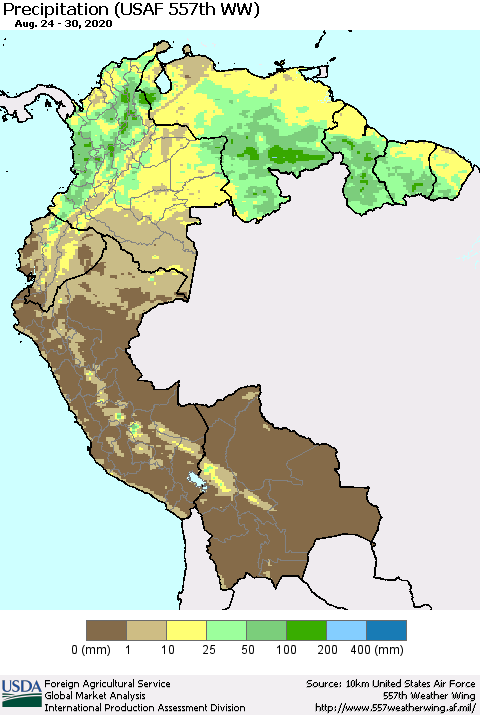 Northern South America Precipitation (USAF 557th WW) Thematic Map For 8/24/2020 - 8/30/2020
