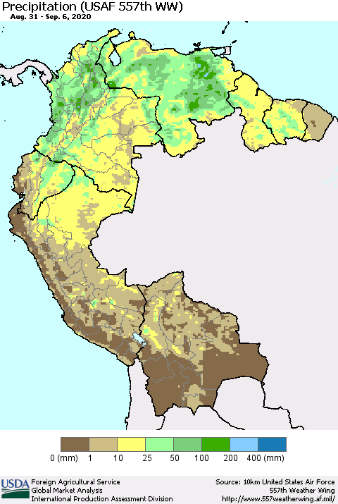 Northern South America Precipitation (USAF 557th WW) Thematic Map For 8/31/2020 - 9/6/2020