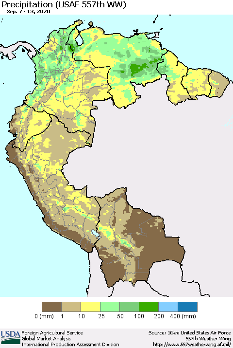 Northern South America Precipitation (USAF 557th WW) Thematic Map For 9/7/2020 - 9/13/2020