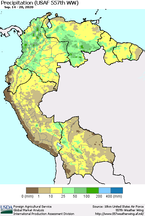 Northern South America Precipitation (USAF 557th WW) Thematic Map For 9/14/2020 - 9/20/2020