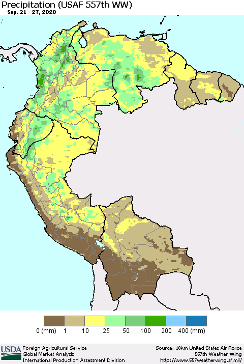Northern South America Precipitation (USAF 557th WW) Thematic Map For 9/21/2020 - 9/27/2020