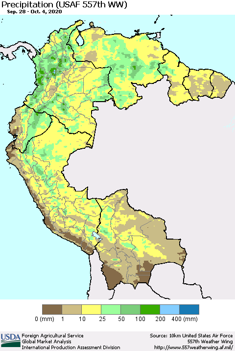 Northern South America Precipitation (USAF 557th WW) Thematic Map For 9/28/2020 - 10/4/2020
