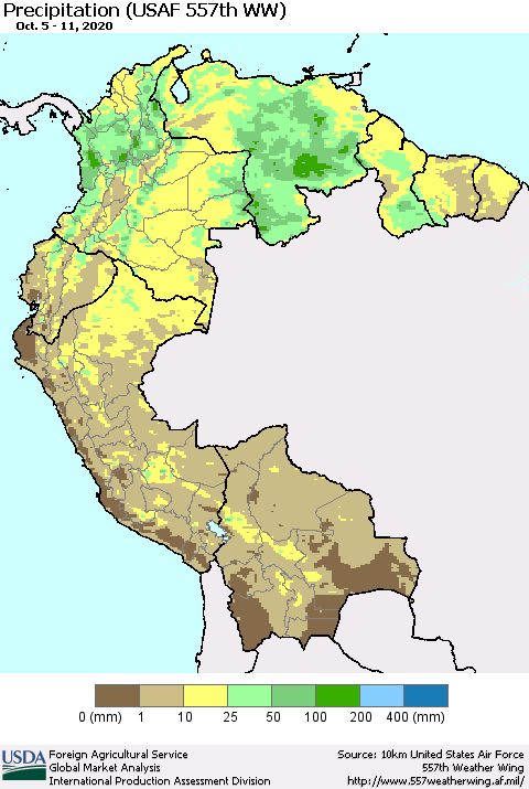 Northern South America Precipitation (USAF 557th WW) Thematic Map For 10/5/2020 - 10/11/2020