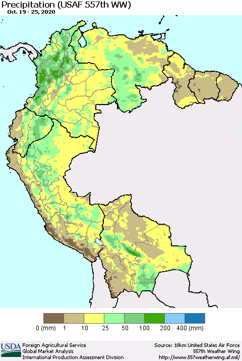 Northern South America Precipitation (USAF 557th WW) Thematic Map For 10/19/2020 - 10/25/2020