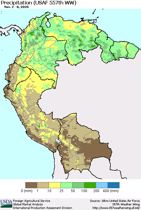 Northern South America Precipitation (USAF 557th WW) Thematic Map For 11/2/2020 - 11/8/2020
