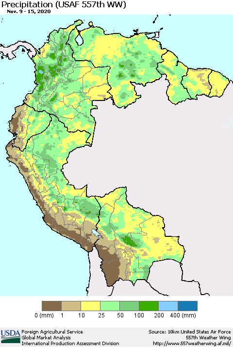 Northern South America Precipitation (USAF 557th WW) Thematic Map For 11/9/2020 - 11/15/2020