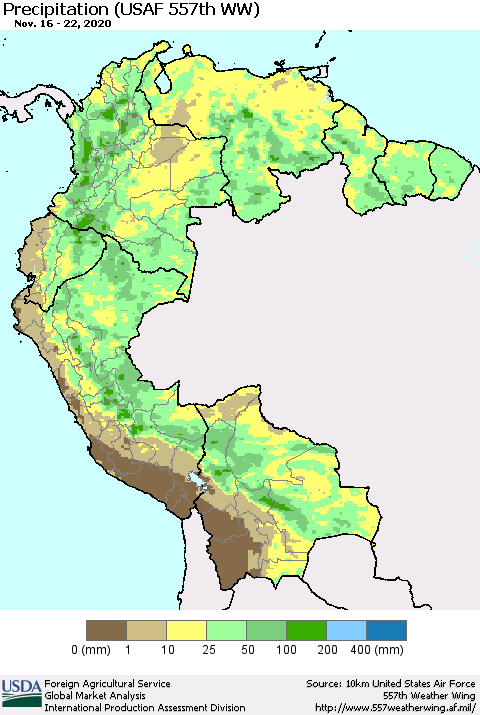 Northern South America Precipitation (USAF 557th WW) Thematic Map For 11/16/2020 - 11/22/2020