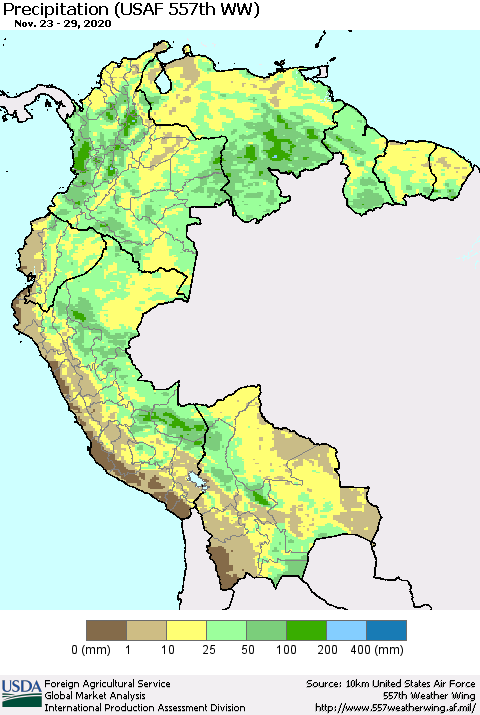Northern South America Precipitation (USAF 557th WW) Thematic Map For 11/23/2020 - 11/29/2020
