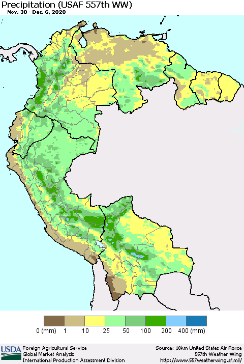 Northern South America Precipitation (USAF 557th WW) Thematic Map For 11/30/2020 - 12/6/2020