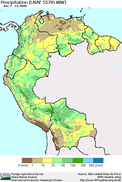 Northern South America Precipitation (USAF 557th WW) Thematic Map For 12/7/2020 - 12/13/2020