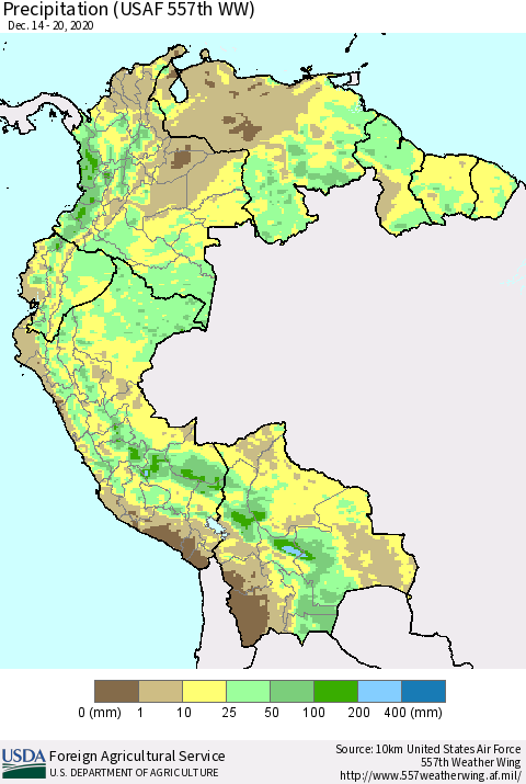 Northern South America Precipitation (USAF 557th WW) Thematic Map For 12/14/2020 - 12/20/2020