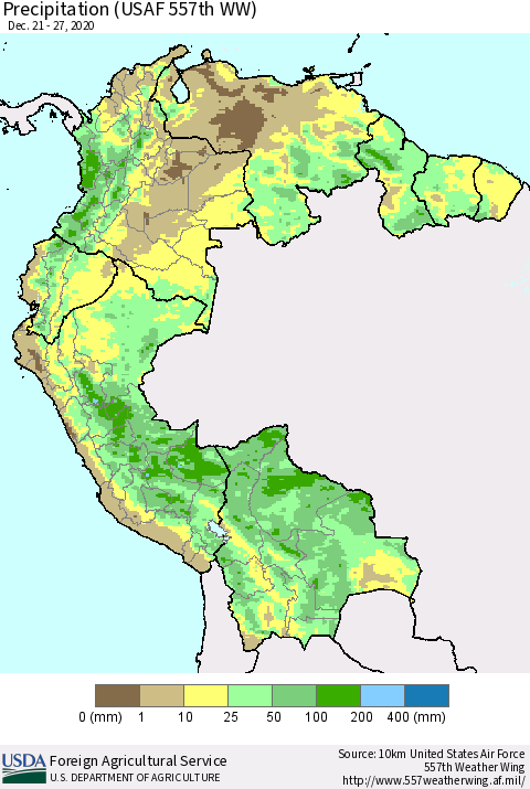 Northern South America Precipitation (USAF 557th WW) Thematic Map For 12/21/2020 - 12/27/2020
