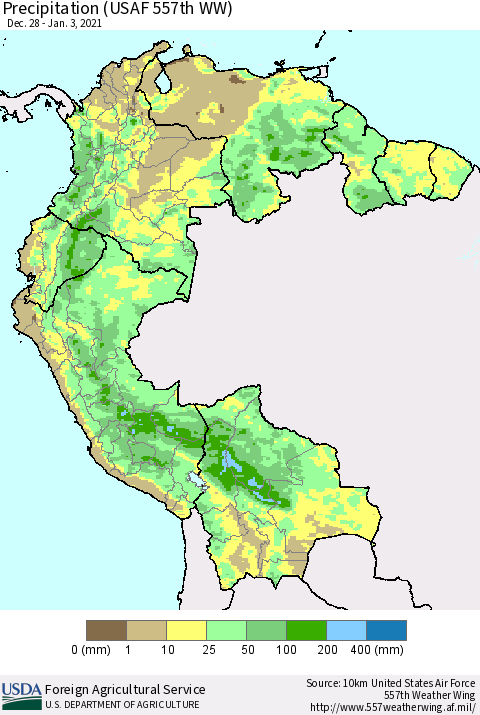 Northern South America Precipitation (USAF 557th WW) Thematic Map For 12/28/2020 - 1/3/2021