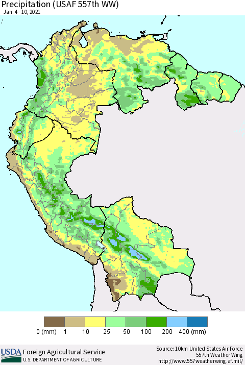 Northern South America Precipitation (USAF 557th WW) Thematic Map For 1/4/2021 - 1/10/2021