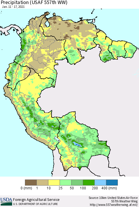 Northern South America Precipitation (USAF 557th WW) Thematic Map For 1/11/2021 - 1/17/2021