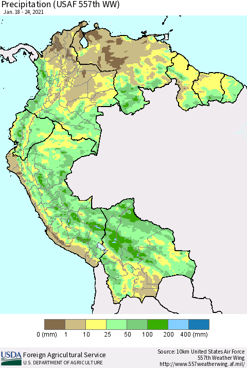 Northern South America Precipitation (USAF 557th WW) Thematic Map For 1/18/2021 - 1/24/2021
