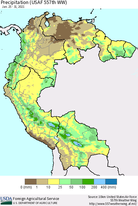 Northern South America Precipitation (USAF 557th WW) Thematic Map For 1/25/2021 - 1/31/2021