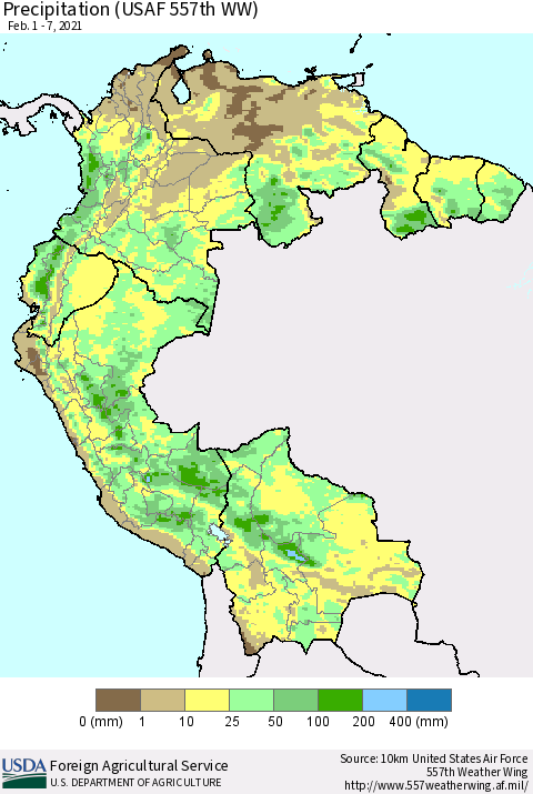 Northern South America Precipitation (USAF 557th WW) Thematic Map For 2/1/2021 - 2/7/2021