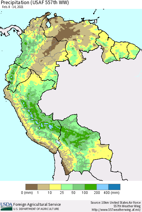 Northern South America Precipitation (USAF 557th WW) Thematic Map For 2/8/2021 - 2/14/2021