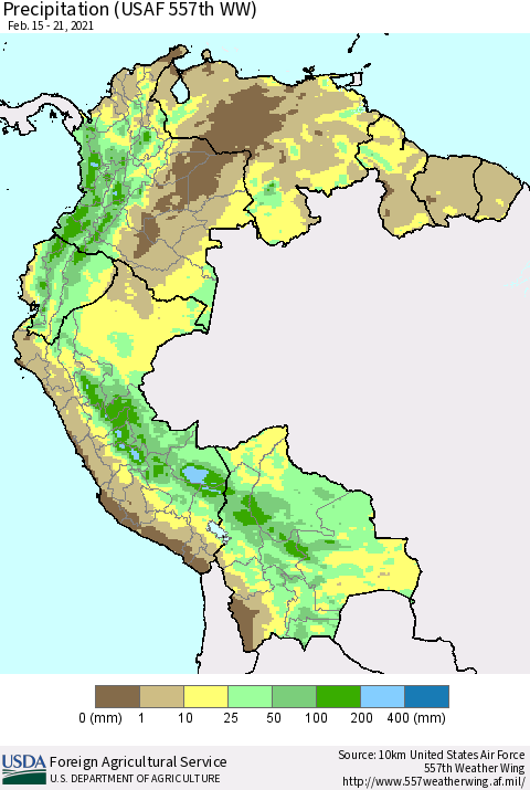 Northern South America Precipitation (USAF 557th WW) Thematic Map For 2/15/2021 - 2/21/2021