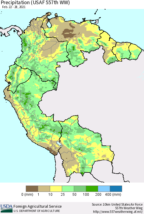 Northern South America Precipitation (USAF 557th WW) Thematic Map For 2/22/2021 - 2/28/2021