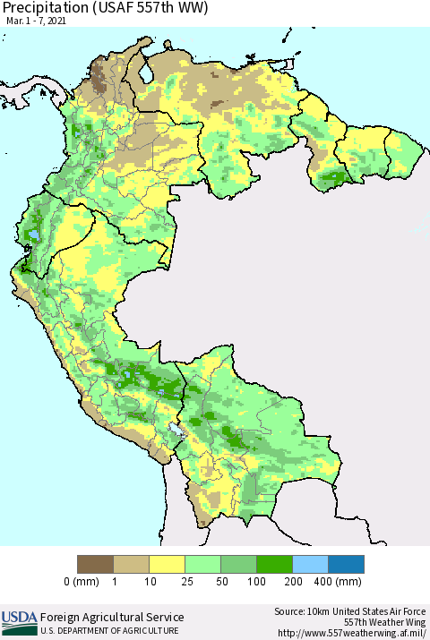 Northern South America Precipitation (USAF 557th WW) Thematic Map For 3/1/2021 - 3/7/2021