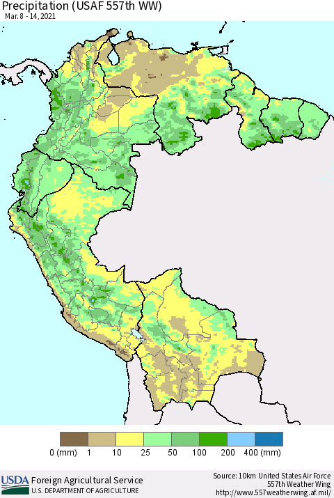 Northern South America Precipitation (USAF 557th WW) Thematic Map For 3/8/2021 - 3/14/2021