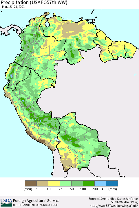 Northern South America Precipitation (USAF 557th WW) Thematic Map For 3/15/2021 - 3/21/2021