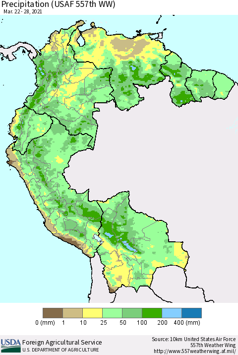 Northern South America Precipitation (USAF 557th WW) Thematic Map For 3/22/2021 - 3/28/2021