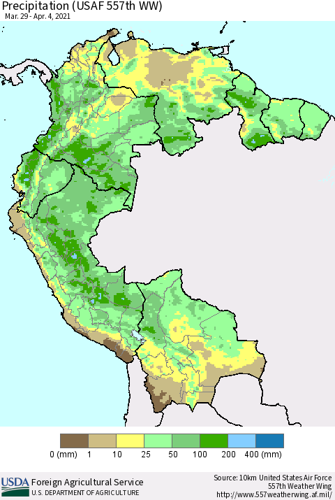 Northern South America Precipitation (USAF 557th WW) Thematic Map For 3/29/2021 - 4/4/2021