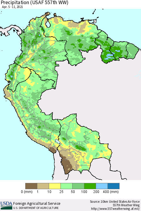 Northern South America Precipitation (USAF 557th WW) Thematic Map For 4/5/2021 - 4/11/2021