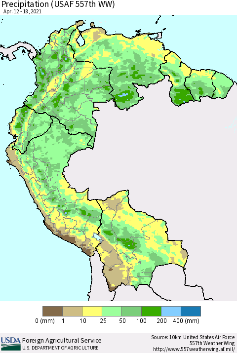 Northern South America Precipitation (USAF 557th WW) Thematic Map For 4/12/2021 - 4/18/2021