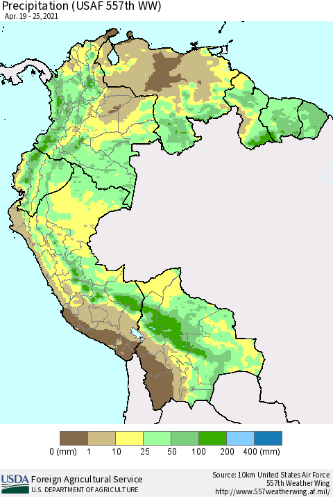 Northern South America Precipitation (USAF 557th WW) Thematic Map For 4/19/2021 - 4/25/2021