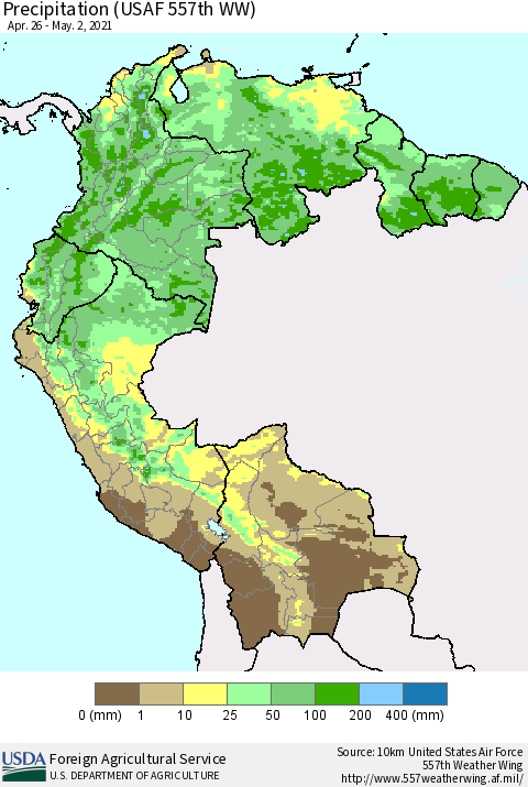 Northern South America Precipitation (USAF 557th WW) Thematic Map For 4/26/2021 - 5/2/2021
