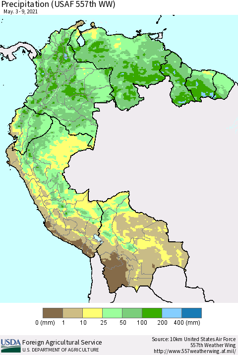 Northern South America Precipitation (USAF 557th WW) Thematic Map For 5/3/2021 - 5/9/2021