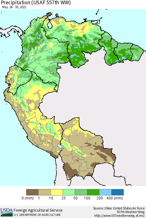 Northern South America Precipitation (USAF 557th WW) Thematic Map For 5/24/2021 - 5/30/2021
