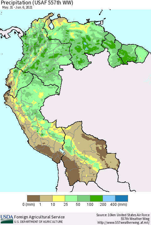 Northern South America Precipitation (USAF 557th WW) Thematic Map For 5/31/2021 - 6/6/2021