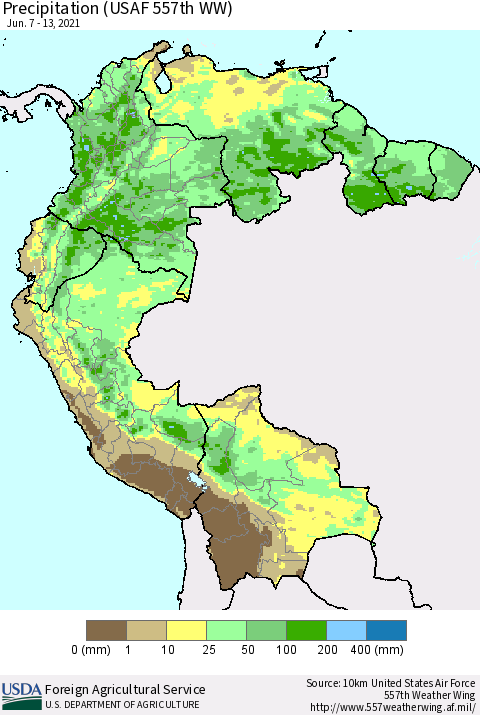 Northern South America Precipitation (USAF 557th WW) Thematic Map For 6/7/2021 - 6/13/2021