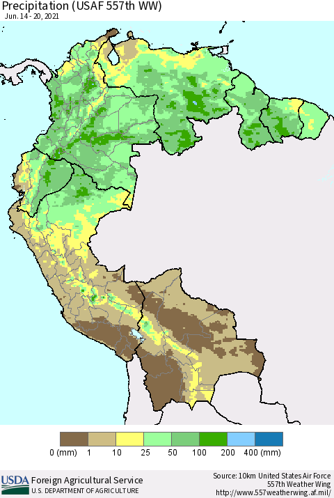 Northern South America Precipitation (USAF 557th WW) Thematic Map For 6/14/2021 - 6/20/2021