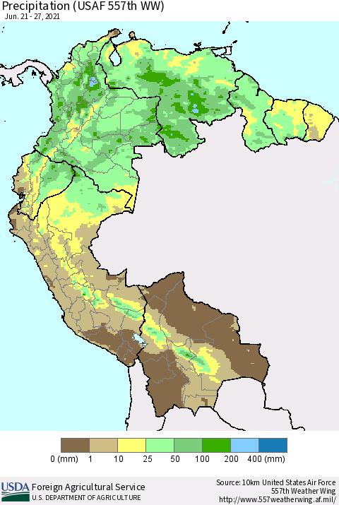 Northern South America Precipitation (USAF 557th WW) Thematic Map For 6/21/2021 - 6/27/2021
