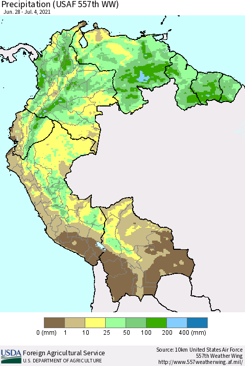 Northern South America Precipitation (USAF 557th WW) Thematic Map For 6/28/2021 - 7/4/2021