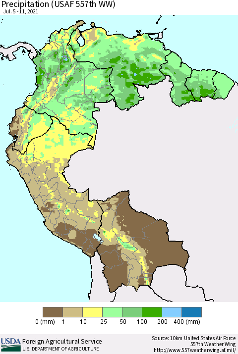 Northern South America Precipitation (USAF 557th WW) Thematic Map For 7/5/2021 - 7/11/2021